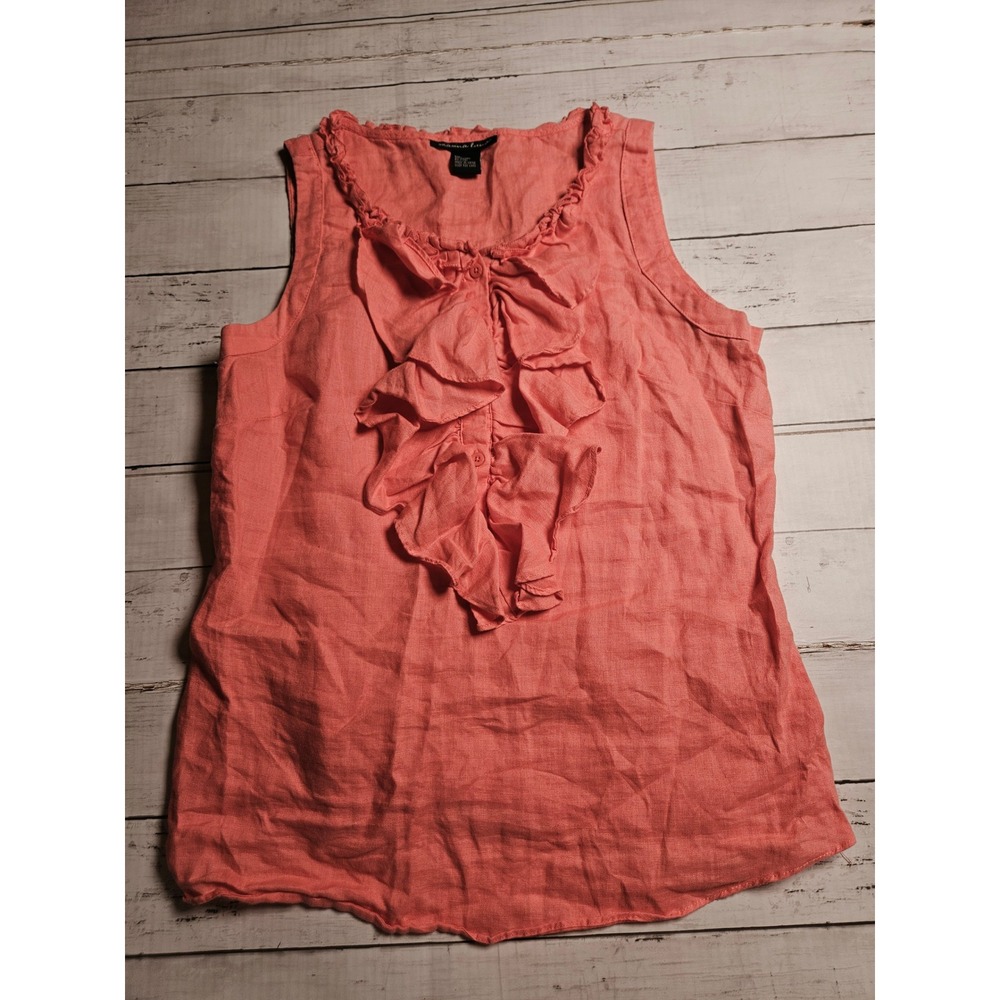 Marina Luna Womens Coral Pink Linen Ruffle Front Sleeveless Blouse‎ Top Large
